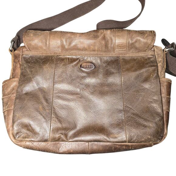 Vintage Fossil Brown Leather Distressed Laptop Computer Shoulder Bag 18x12x4 - Picture 6 of 10